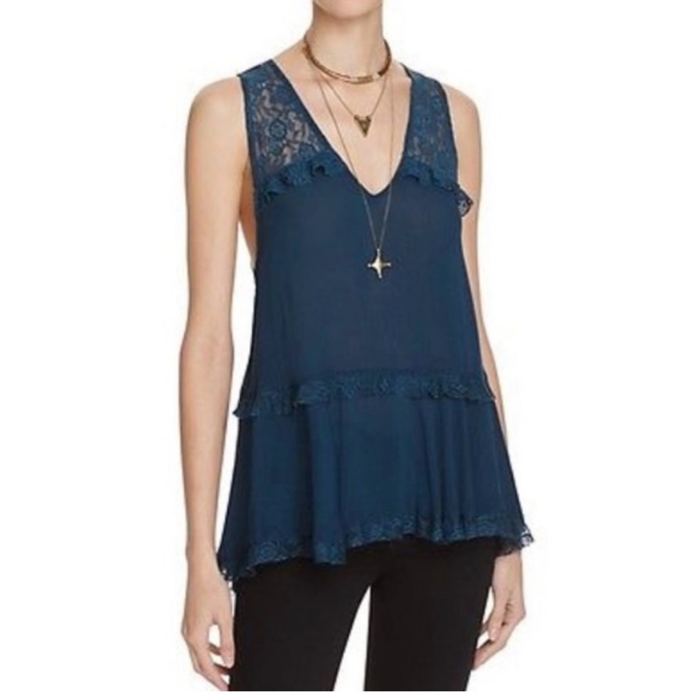 Intimately Free People Rich Dark Teal Trapeze Lace V Neck Tunic Top Medium